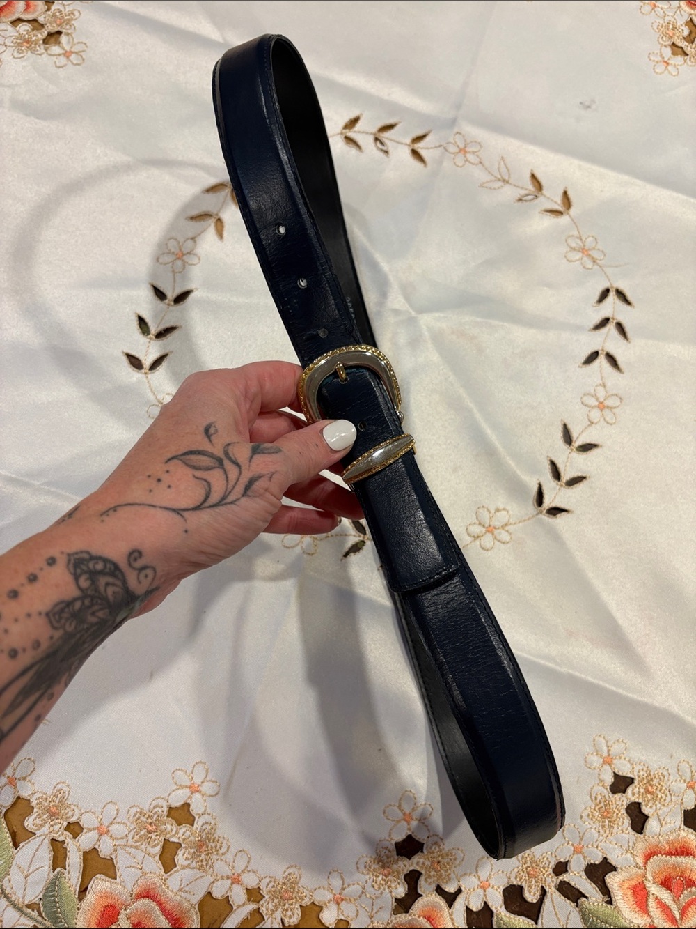 Classic Navy Leather Belt with Gold Buckle